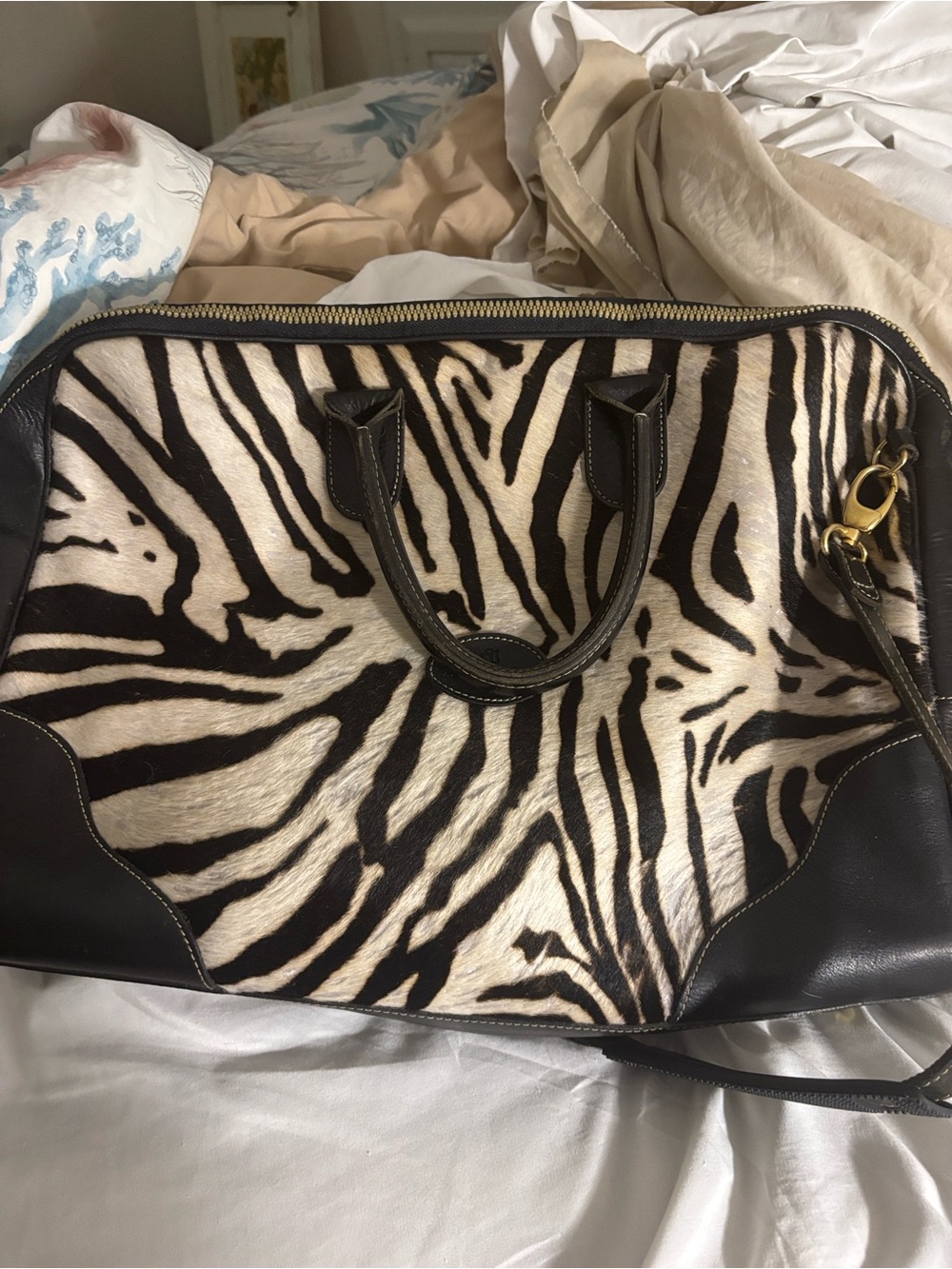 TANCAROA Venezia Zebra-Print Handbag with Leather Logo Patch